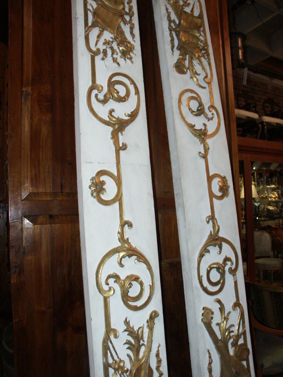 19th Century Tall Narrow Pair of Architectural Carved Panels With Music Theme For Sale