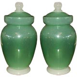 Antique Pair of Green Glass Lidded Jars