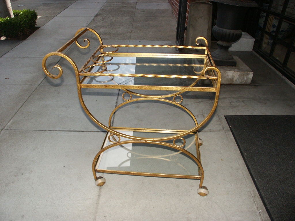 Vintage Gilt Metal Bar Cart with Glass Top and Bottom