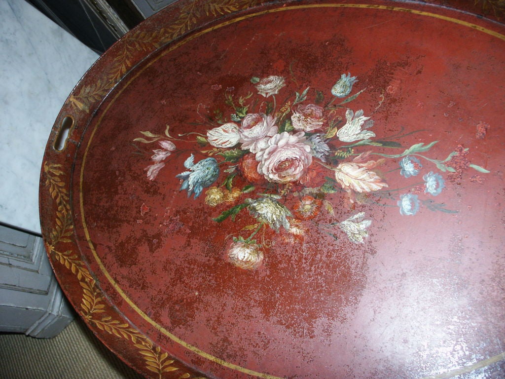Antique Tole Tray Table with Floral Painting and Custom Base