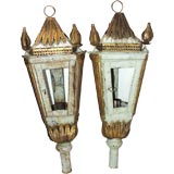 Pair of Antique Tole Lanterns In Green and Gold