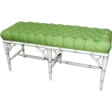 Painted  Faux Bamboo Bench With Tufted Green Seat