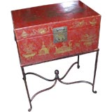 Antique Red Leather Chinese Trunk On Iron Stand