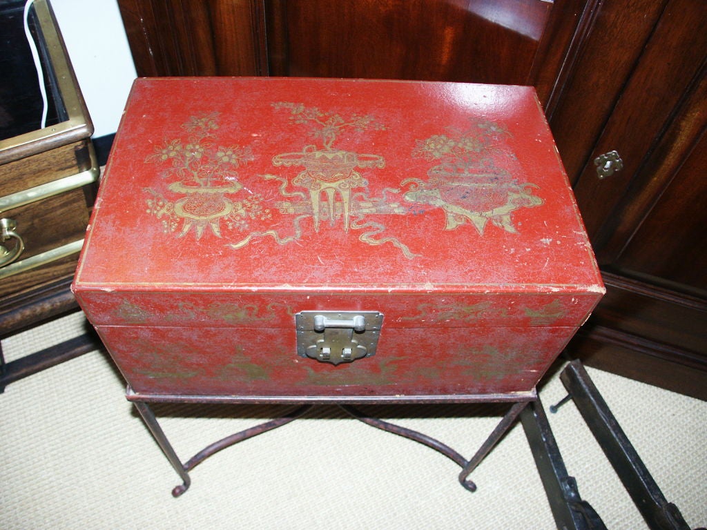 Red Leather Chinese Trunk On Iron Stand