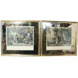 Pair of Asian Market Prints with Vintage Mirrored Frames