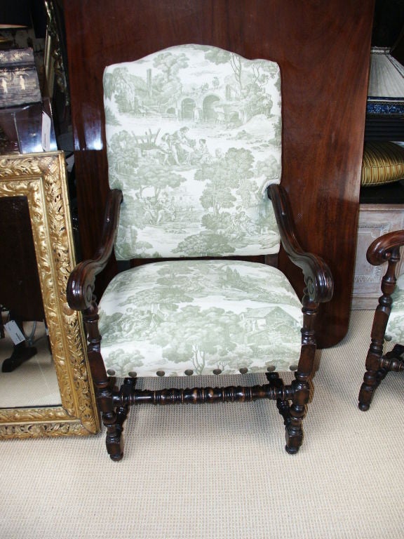 American Large Scale Arm Chair in  Green and White Toile