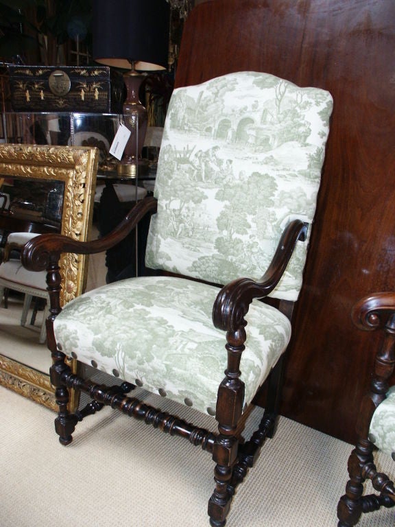 Great looking large scale arm chair in green and white toile--there is another chair that has the same fabric that is available --the chair does not totally match but is close