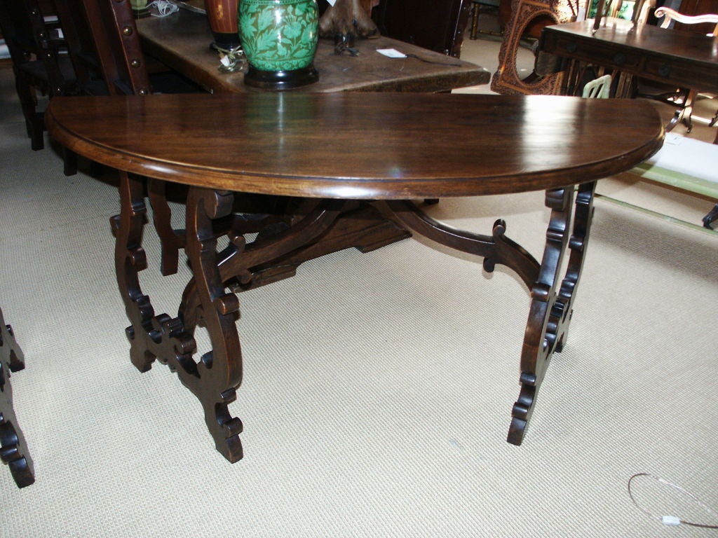 Pair of Italian Baroque Walnut Demi-lune Console Tables