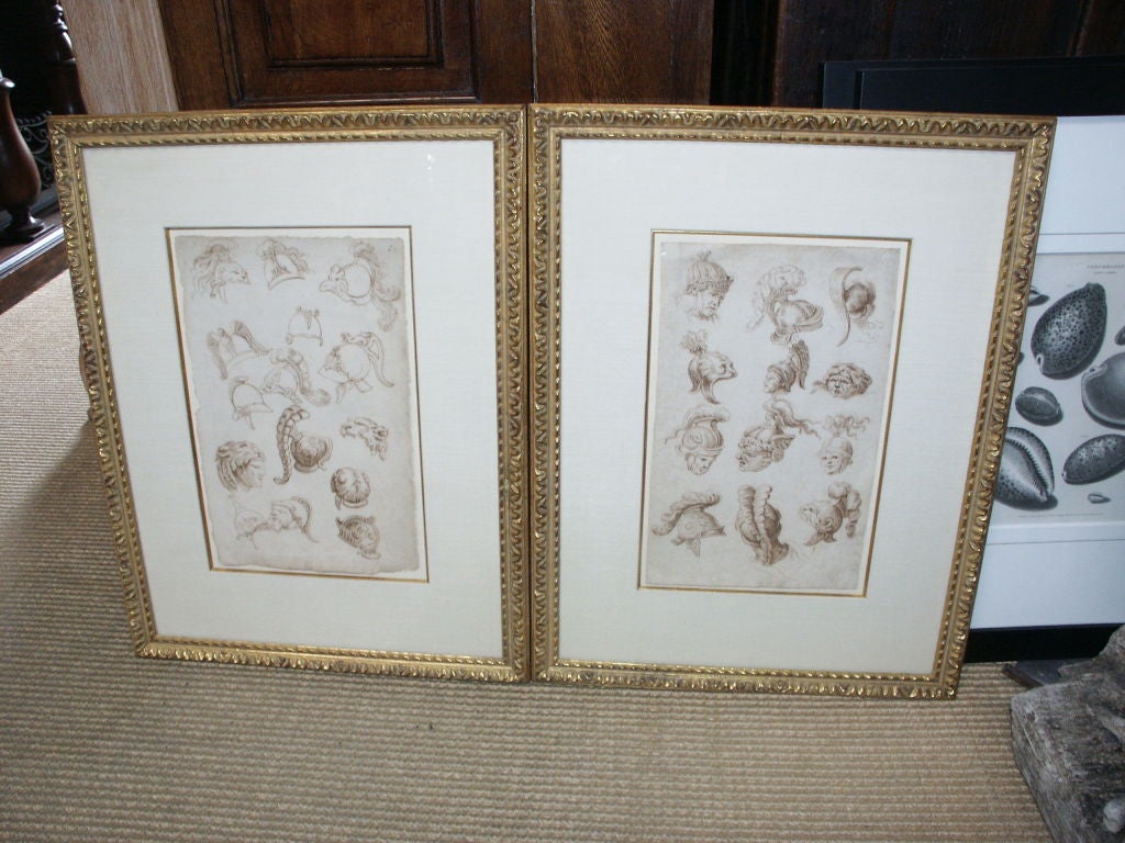 Great looking pair of sheets of drawings of Helmets most likely a study for a painting