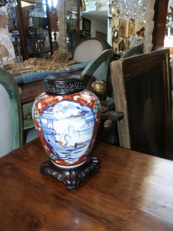 Imari Vase on Stand With Wood Lid
