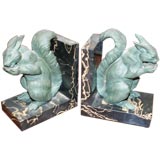 Pair of French Marble and Bronze Squirrel  Book Ends