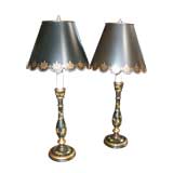 Pair of Painted Candle Stick Lamps with Painted Tole Shades