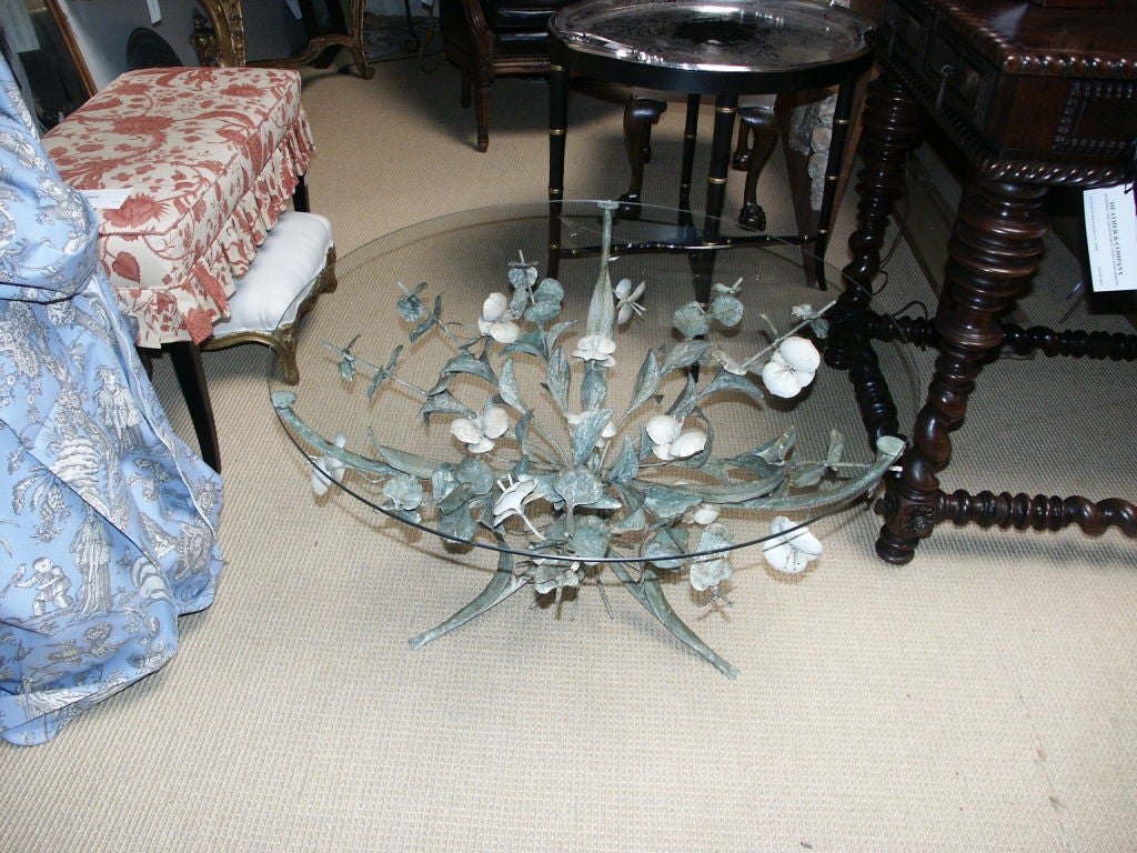 Floral Painted Iron Table Base with Glass Top