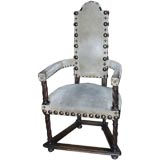 Antique Unusual Early Gothic Style Chair in Suede With Brass Decoration