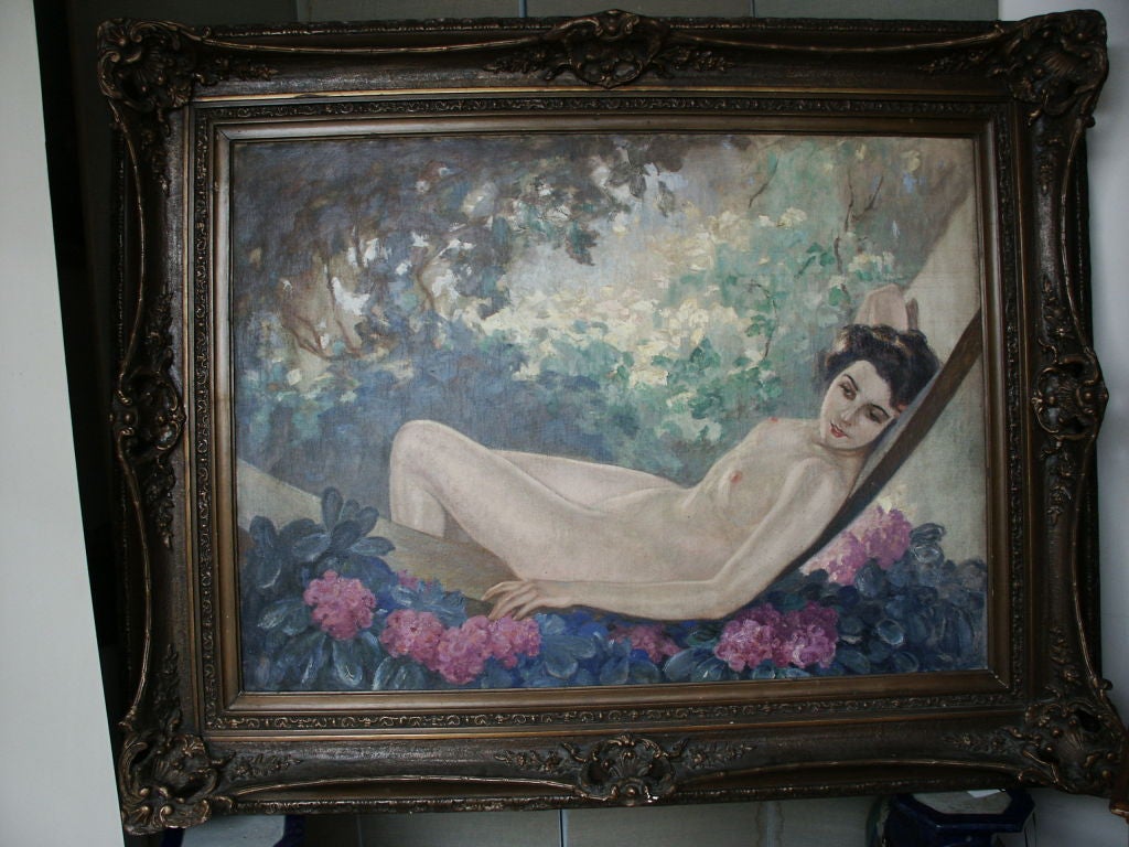 Great extra large nude maybe California School.  This needs cleaning and fresh varnish. The frame does not do it justice.
