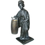 Figural Japanese Bronze Lamp With Mica Shade Lantern