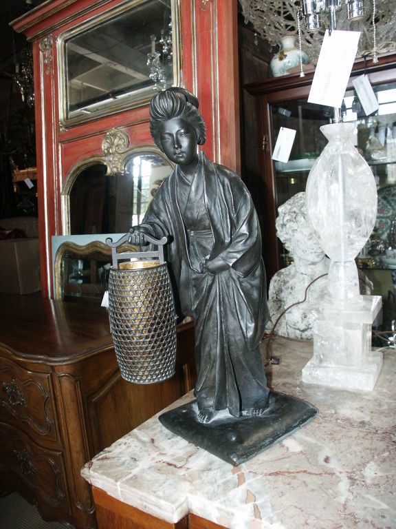 Figural Japanese Bronze Lamp With Mica Shade Lantern