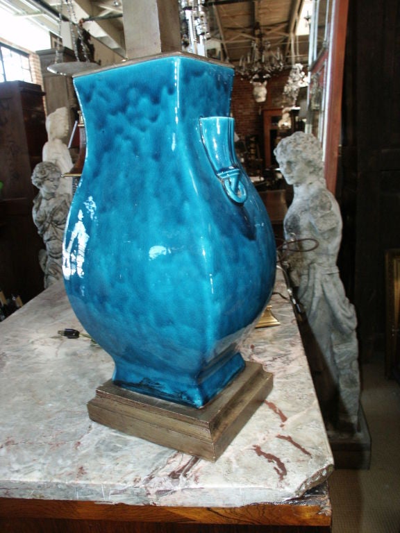 20th Century Antique Chinese Turquoise Glazed Vase Converted to Lamp For Sale