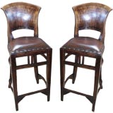 Pair of Wood and Leather Bar Stools  With Curved Backs