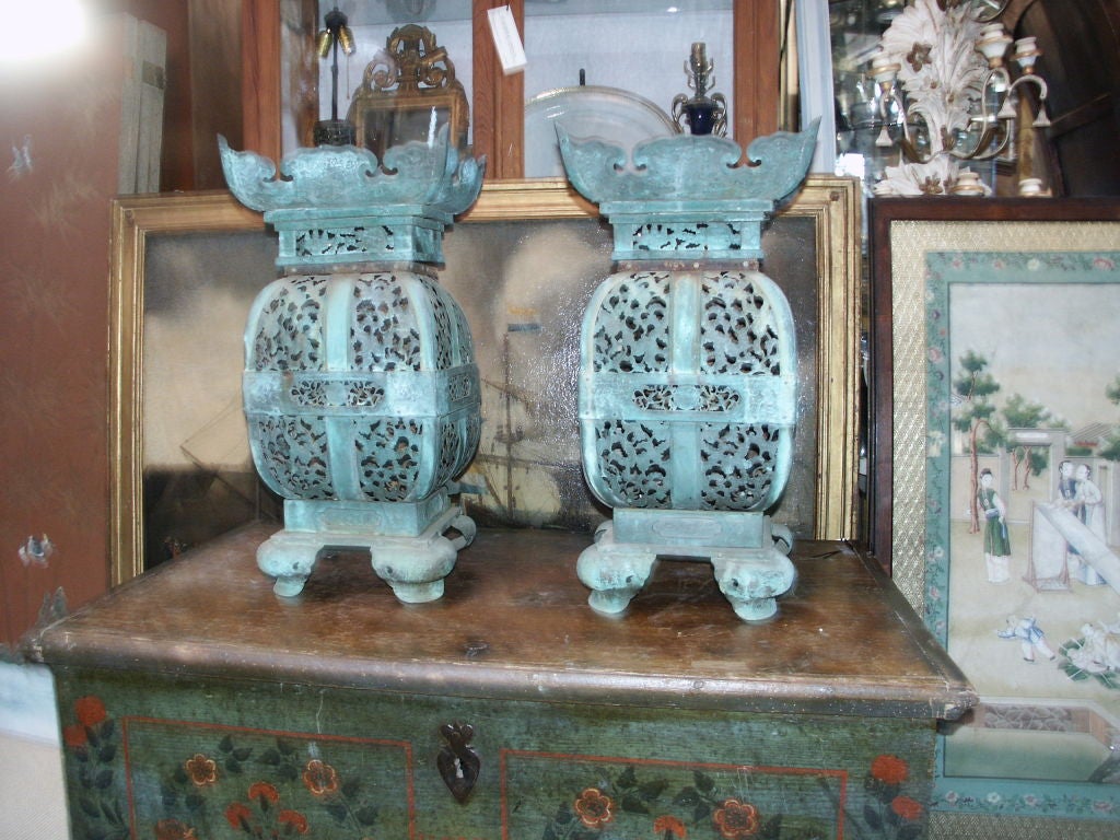 Stunning Pair of Vintage Copper Pagoda Lanterns