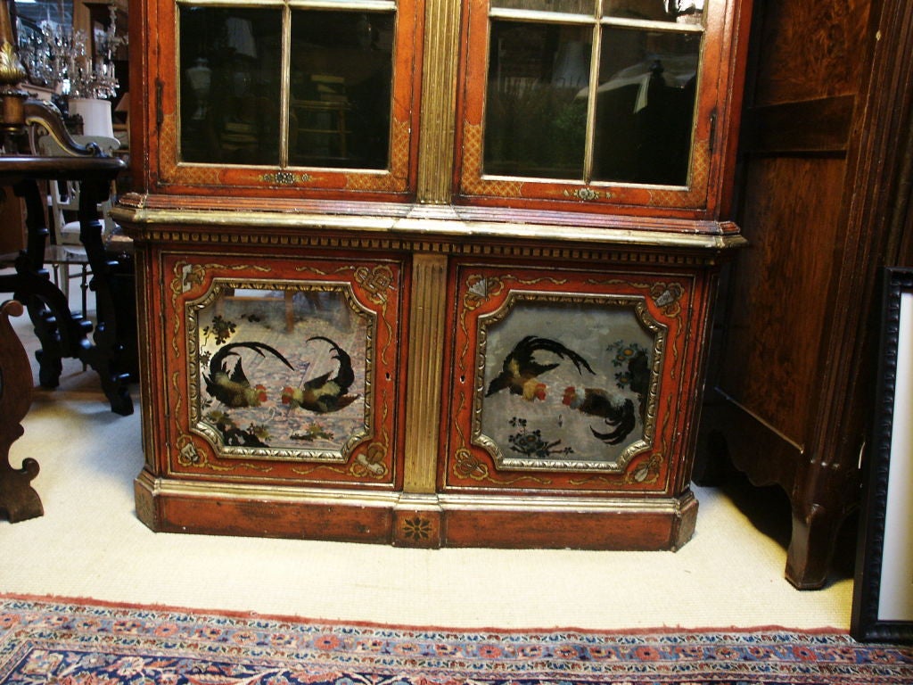 Unusual Stunning Queen Anne Style Chinoiserie decorated China Cabinet or display cabinet vitrine with eglomise rooster panels