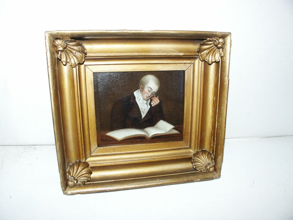 Charming small painting in antique giltwood frame with shells in the corners( some restorations) the back of the painting is inscribed with Sir Charles Malet for Stephen F. Shatrp