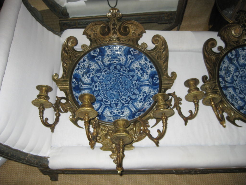 Stunning Large Pair Of Bronze Mounted Delft Charger Sconces