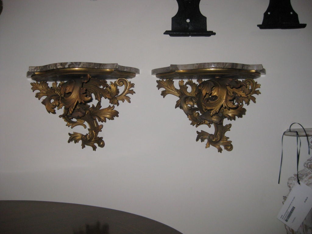 Pair of Bronze Wall Sconces or Shelves with Marble Tops