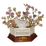 Antique White Hen In A Basket With Flowers