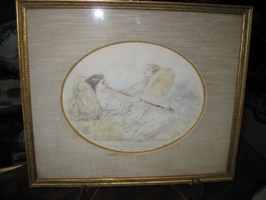 19th Century Antique French Drawing Of Women Smoking Opium For Sale