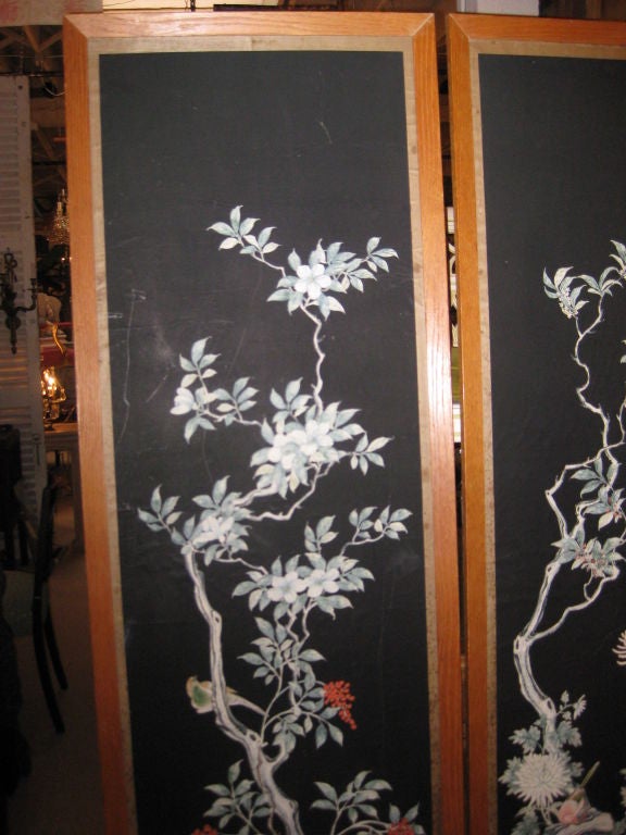 pair of hand painted chinese wall paper panels in later frames