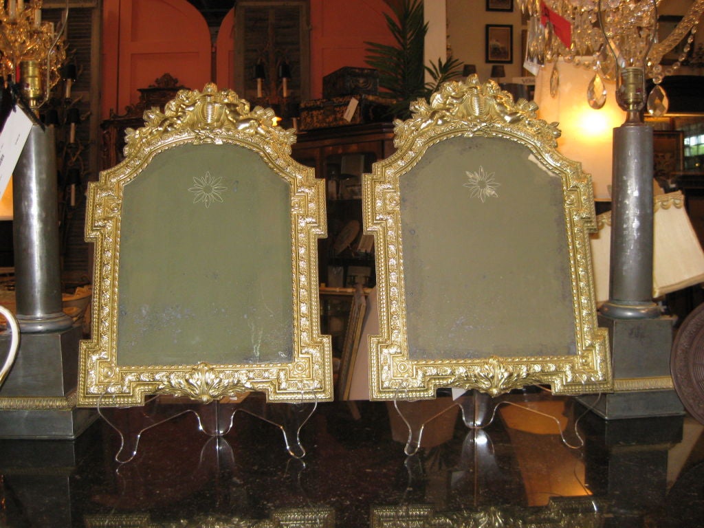 Small Pair of Mirrors  19th C Brass Repousse