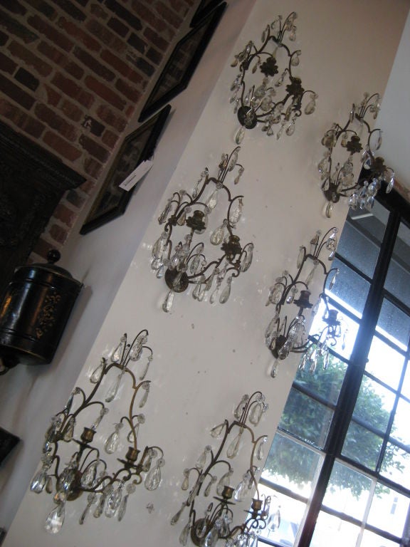 Set of Six 19th C Bronze and Crystal Wall Sconces