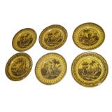 Set of Six Yellow Ware Creil Plates With Chinoiserie Decorations