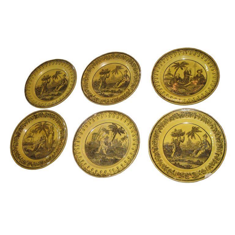 Set of Six Yellow Ware Creil Plates With Chinoiserie Decorations For Sale