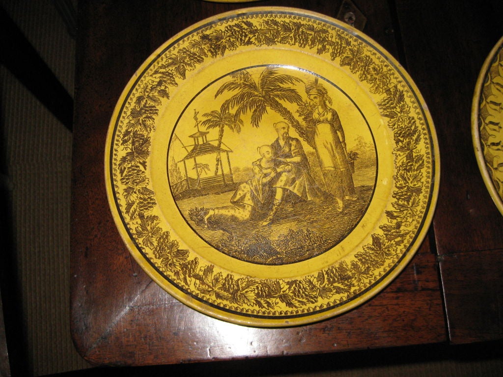 Pottery Set of Six Yellow Ware Creil Plates With Chinoiserie Decorations For Sale