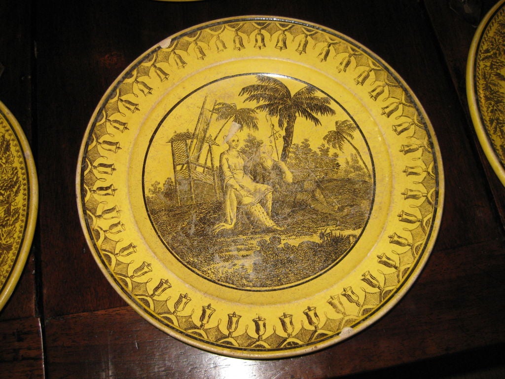 Set of Six Yellow Ware Creil Plates With Chinoiserie Decorations For Sale 1
