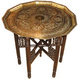 Antique Hammered Brass Tray Table with Ornate Base