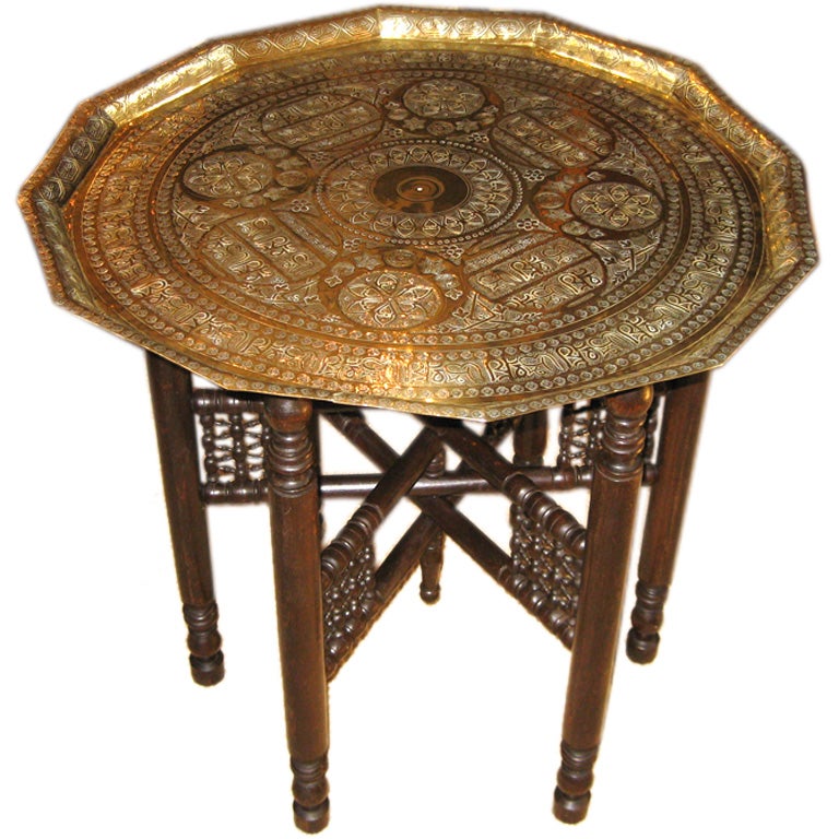 Antique Hammered Brass Tray Table with Ornate Base For Sale