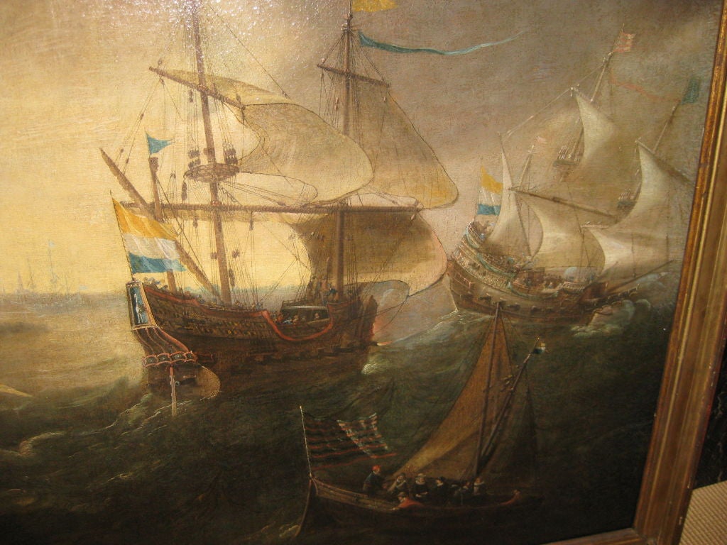 Canvas Large 17th C Dutch Marine Painting For Sale