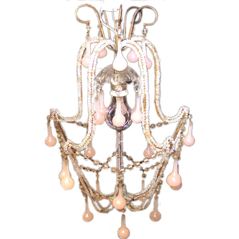 Charming Pink Opaline Murano Drop Beaded Chandelier For Sale