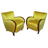 Pair of Swedish Art Moderne Armchairs in Lemon Lime Silk