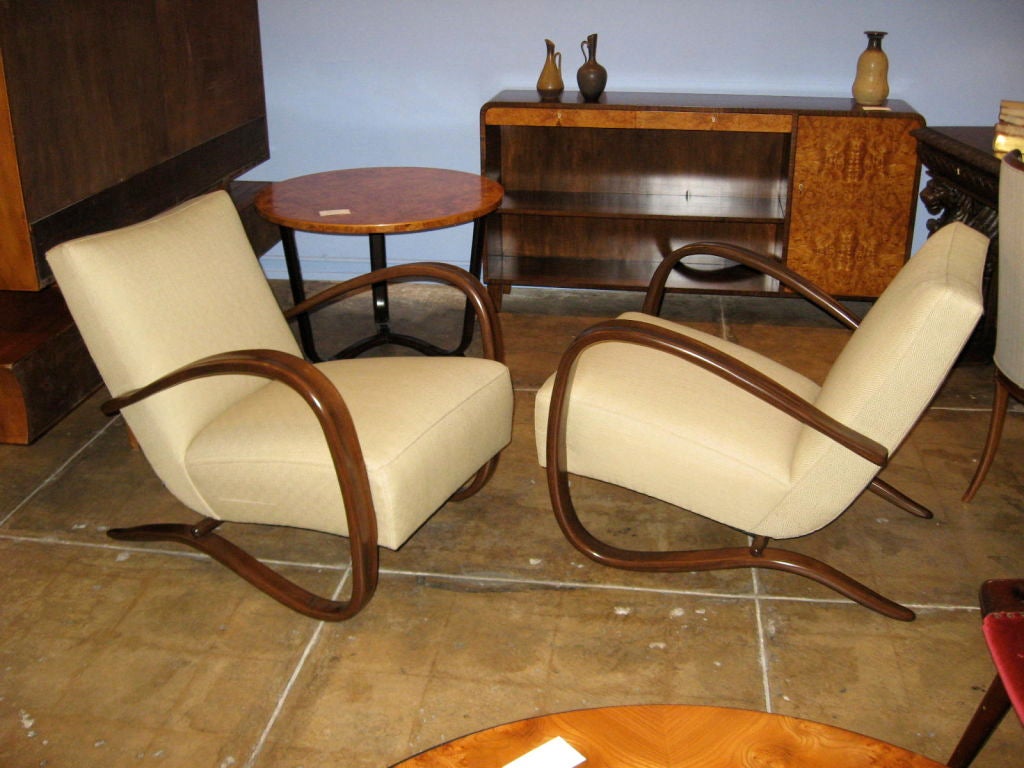Pair of Thonet Prague Bent Wood Lounge Chairs by Halabala