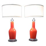 Pair of Poppy Red Vistosi Murano Glass Table Lamps