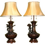 Pair of "Brown Derby" Chinese Inspired Bird Lamps