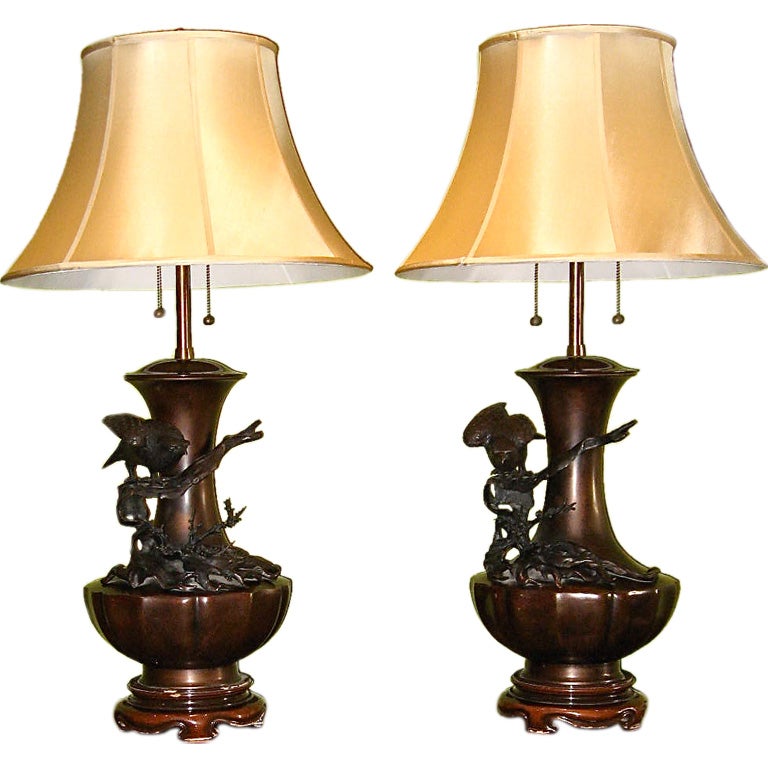 Pair of "Brown Derby" Chinese Inspired Bird Lamps