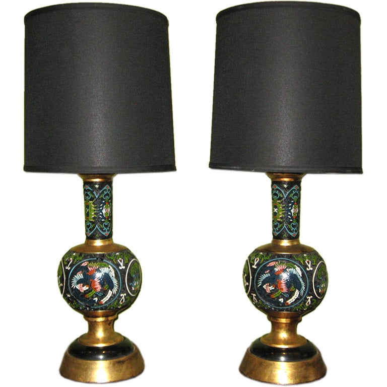 Pair of Hand Painted Champleve Table Lamps. France ca. 1930