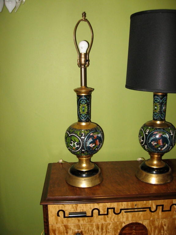 Pair of Hand Painted Champleve Table Lamps. France ca. 1930 4