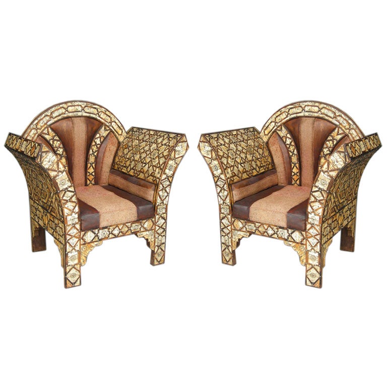 Mid Century Moroccan Bone and Hardwood Marquetry Chairs