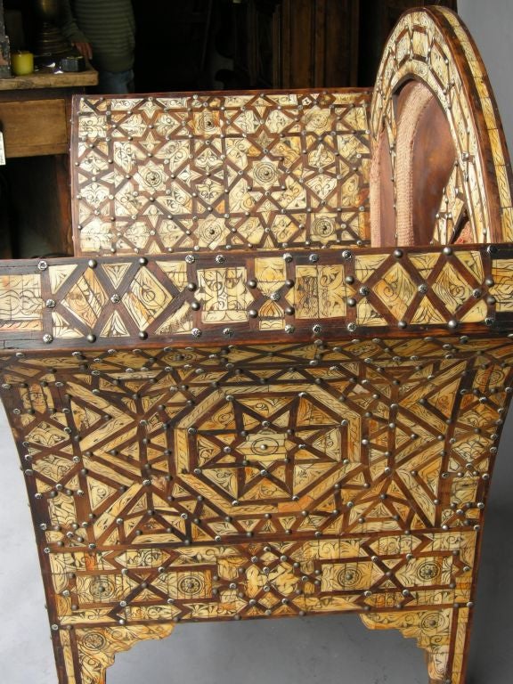 Pair of Moroccan bone and hardwood inlay chairs.